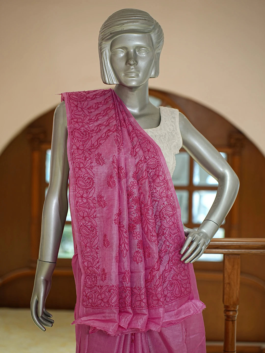 Ada Hand Embroidered Onion Pink Silk Lucknowi Chikankari Saree With Blouse 01A808666