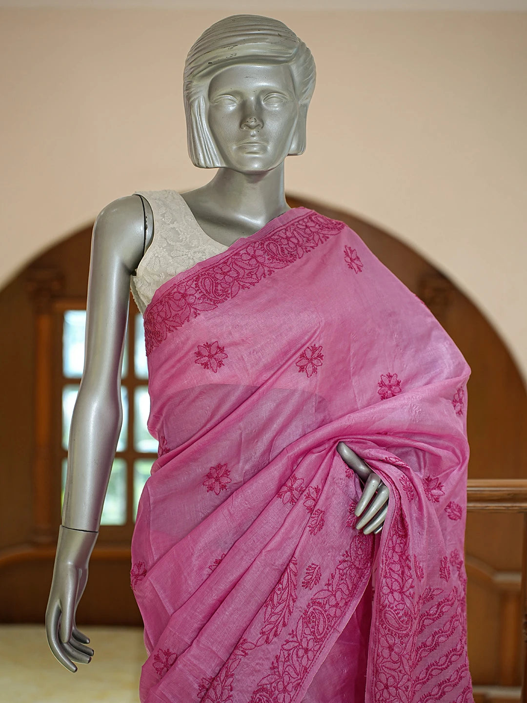 Ada Hand Embroidered Onion Pink Silk Lucknowi Chikankari Saree With Blouse 01A808666