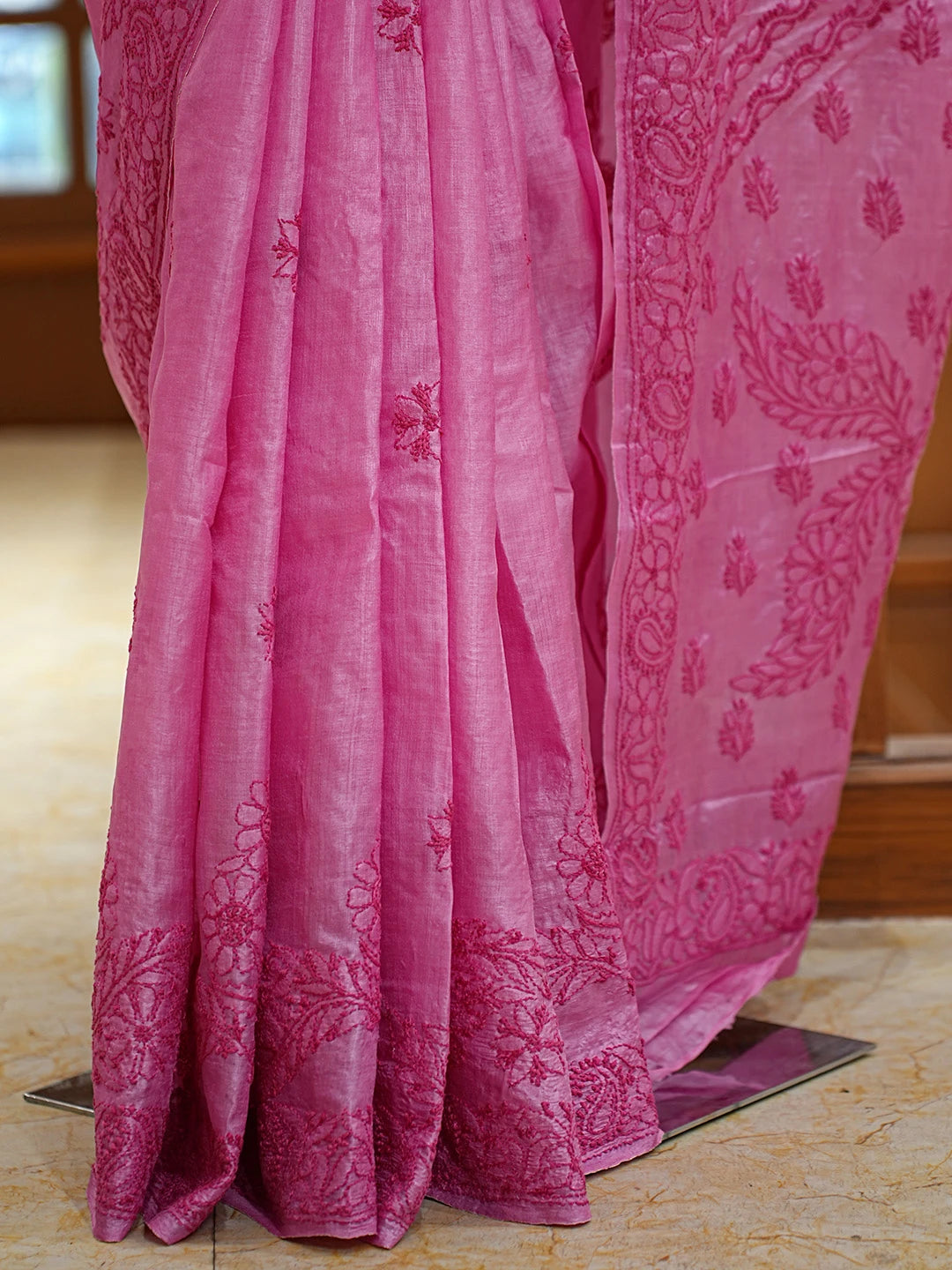 Ada Hand Embroidered Onion Pink Silk Lucknowi Chikankari Saree With Blouse 01A808666