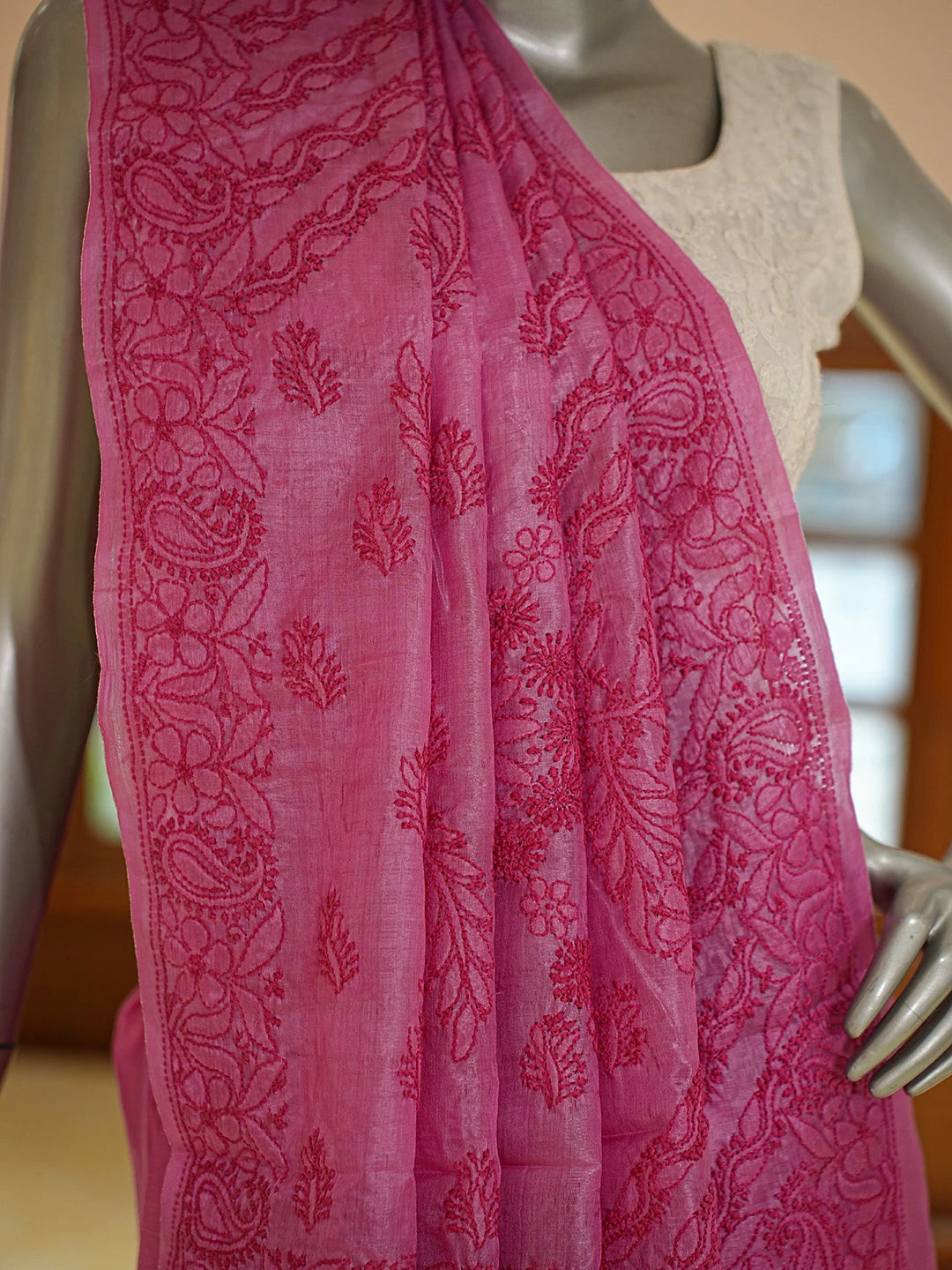Ada Hand Embroidered Onion Pink Silk Lucknowi Chikankari Saree With Blouse 01A808666