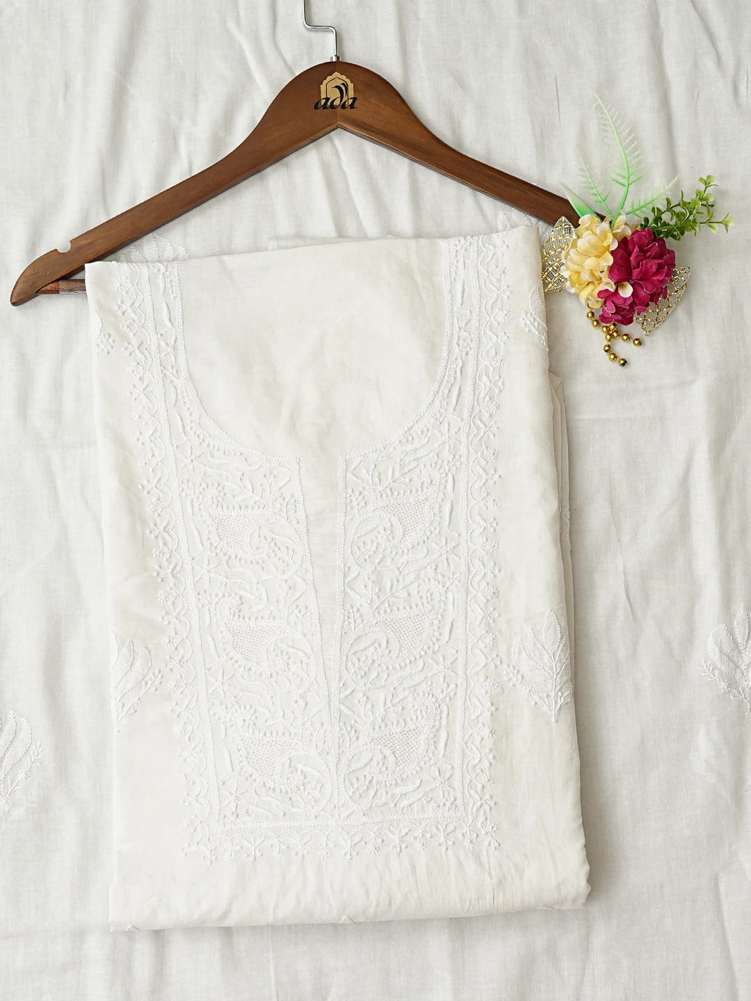 Ada Hand Embroidered White Cotton Lucknowi Chikankari Unstitched Kurta Dupatta Set 01A728072