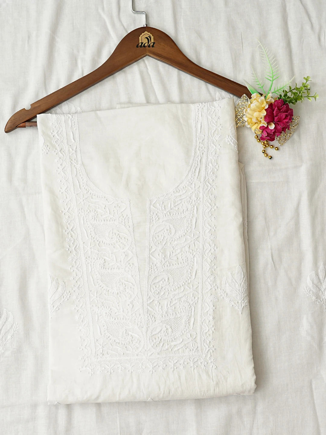 Ada Hand Embroidered White Cotton Lucknowi Chikankari Unstitched Kurta Dupatta Set 01A728072