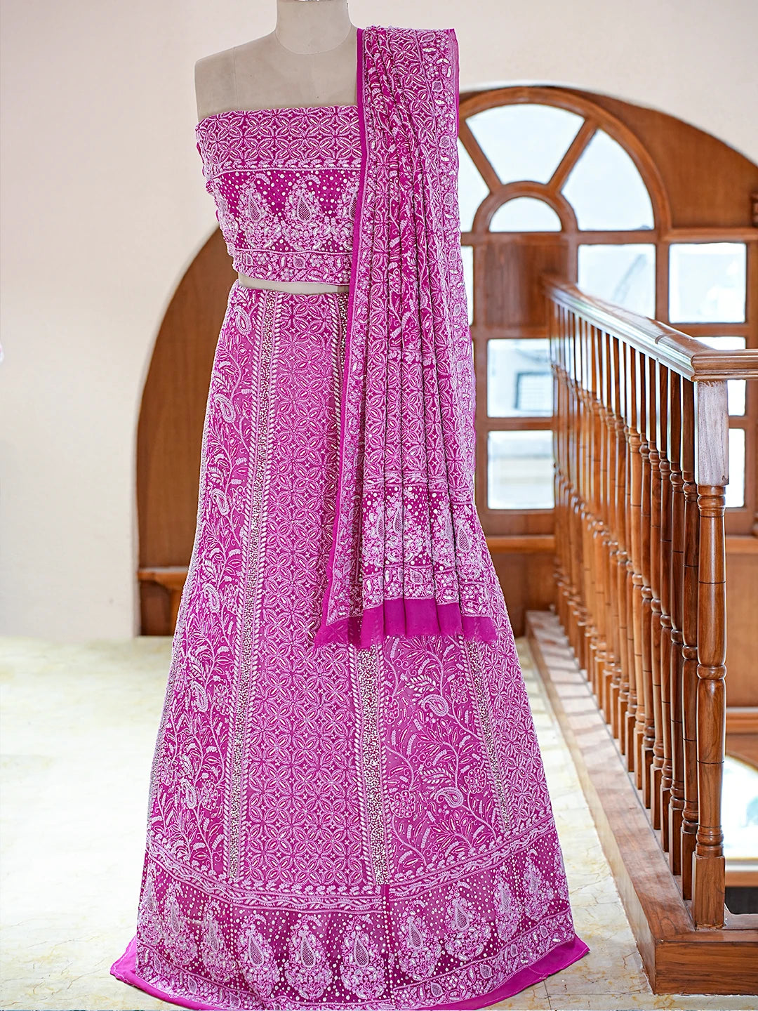 Ada Hand Embroidered Fandango Magenta Pure Georgette Lucknowi Chikankari Lehenga Set With Sequinned Work A26507