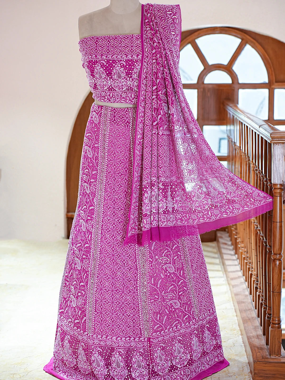 Ada Hand Embroidered Fandango Magenta Pure Georgette Lucknowi Chikankari Lehenga Set With Sequinned Work A26507