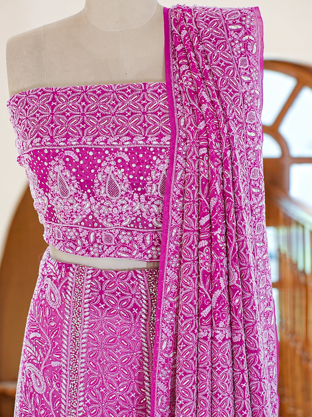 Ada Hand Embroidered Fandango Magenta Pure Georgette Lucknowi Chikankari Lehenga Set With Sequinned Work A26507