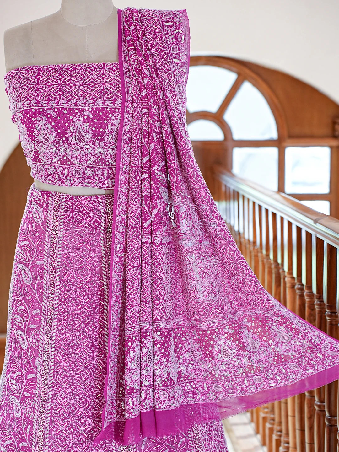 Ada Hand Embroidered Fandango Magenta Pure Georgette Lucknowi Chikankari Lehenga Set With Sequinned Work A26507