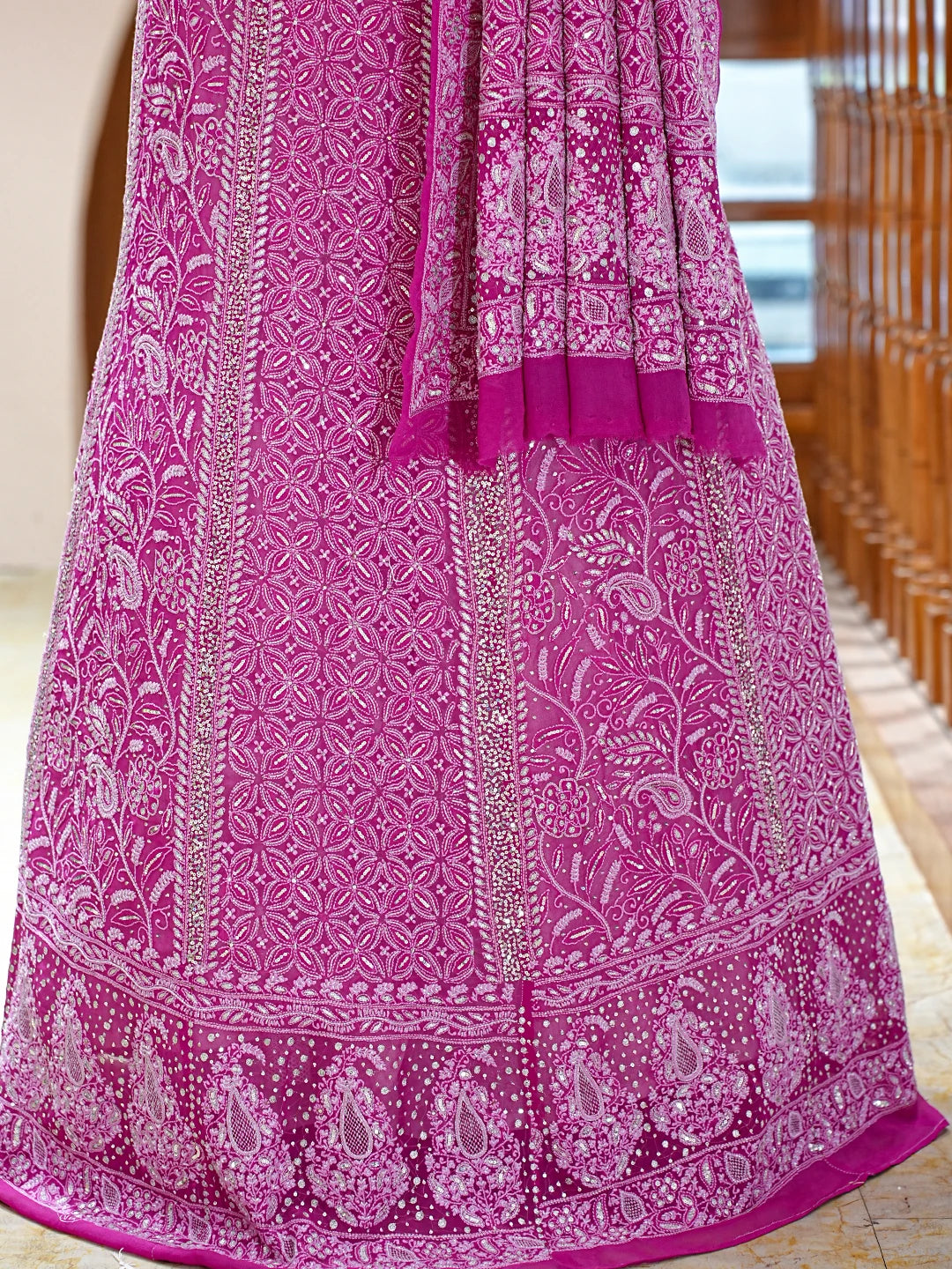 Ada Hand Embroidered Fandango Magenta Pure Georgette Lucknowi Chikankari Lehenga Set With Sequinned Work A26507