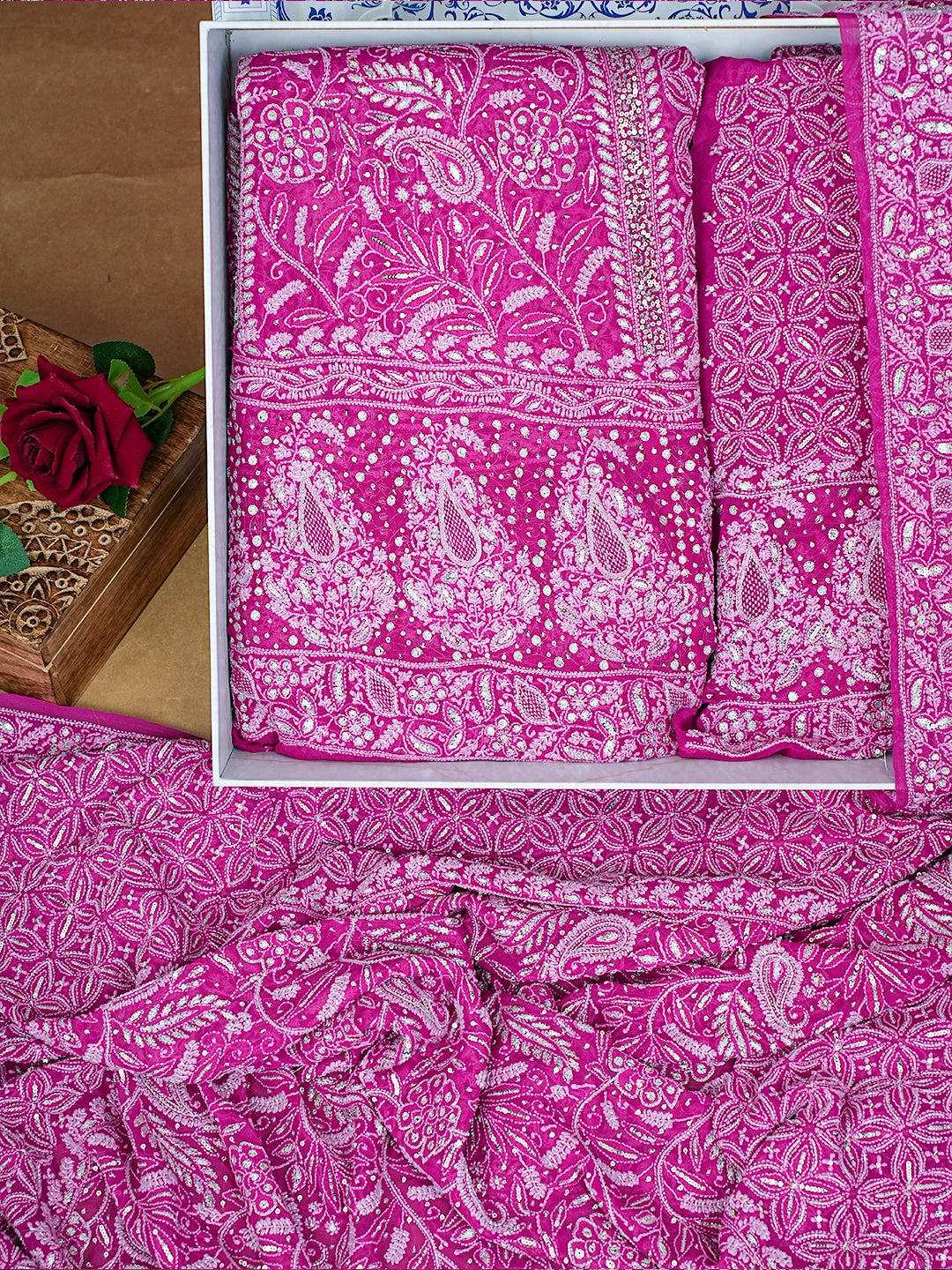 Ada Hand Embroidered Fandango Magenta Pure Georgette Lucknowi Chikankari Lehenga Set With Sequinned Work A26507