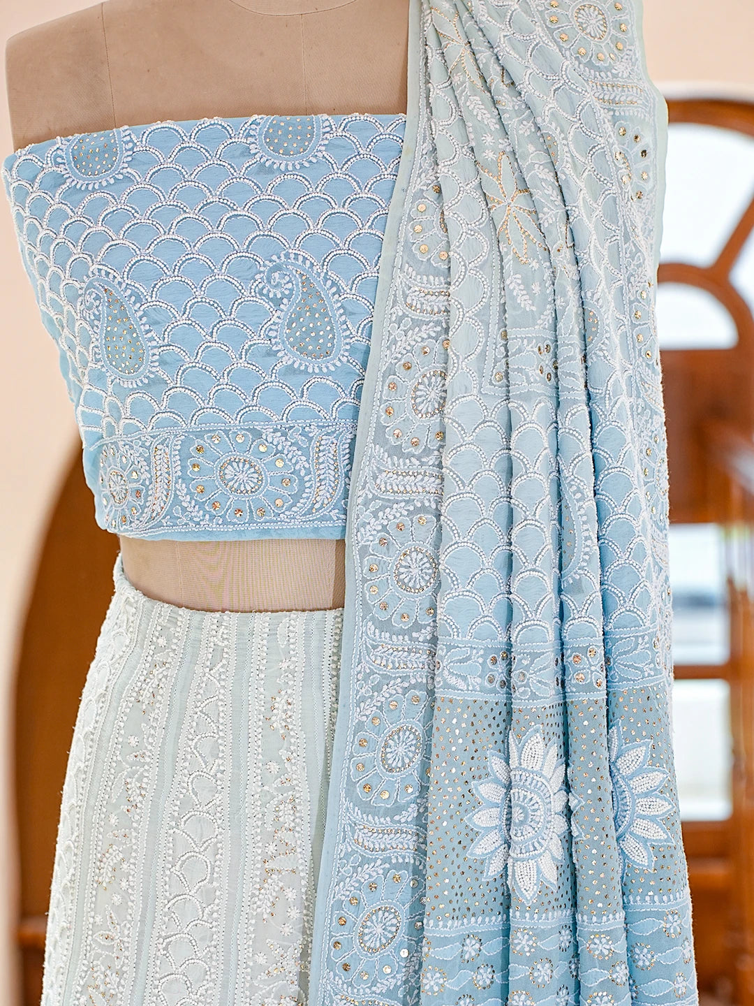 Ada Hand Embroidered Ombre Shade Of Blue Pure Georgette Lucknowi Chikankari Lehenga Set With Pearl Work 01A723709