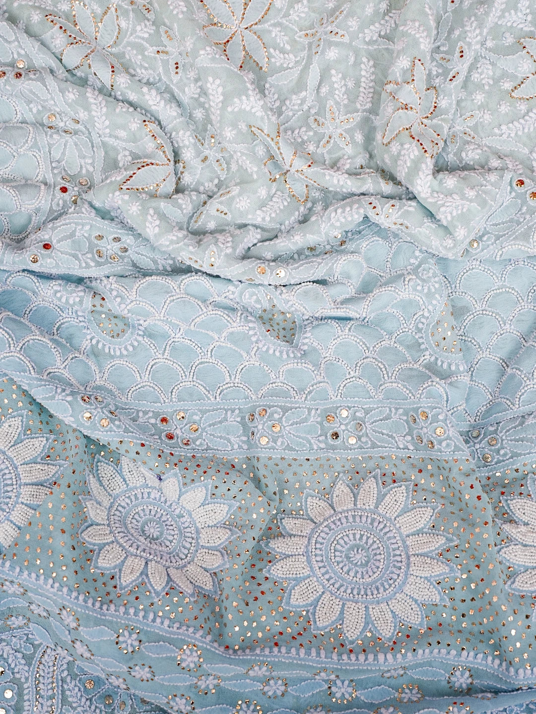 Ada Hand Embroidered Ombre Shade Of Blue Pure Georgette Lucknowi Chikankari Lehenga Set With Pearl Work 01A723709