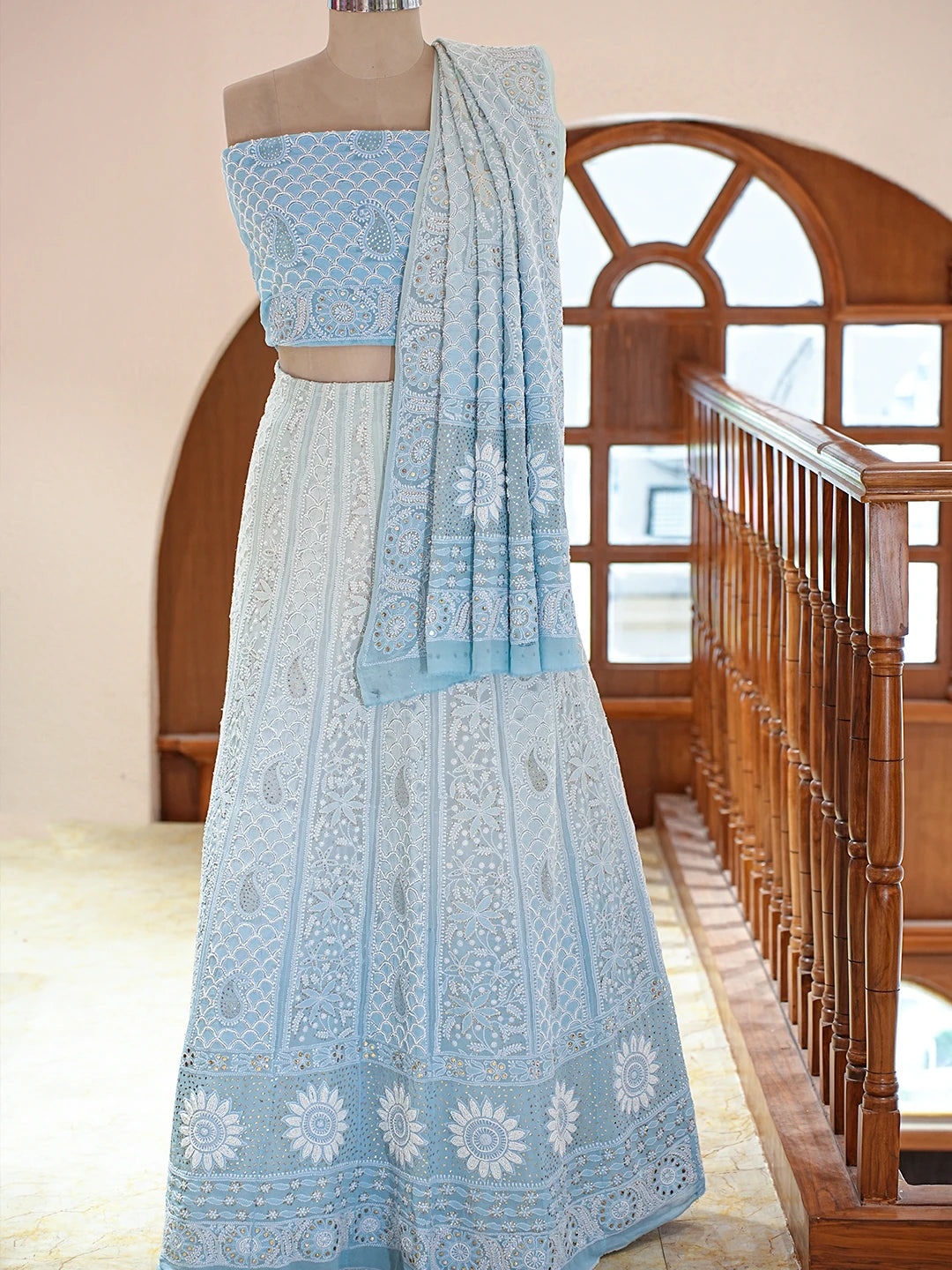 Ada Hand Embroidered Ombre Shade Of Blue Pure Georgette Lucknowi Chikankari Lehenga Set With Pearl Work 01A723709