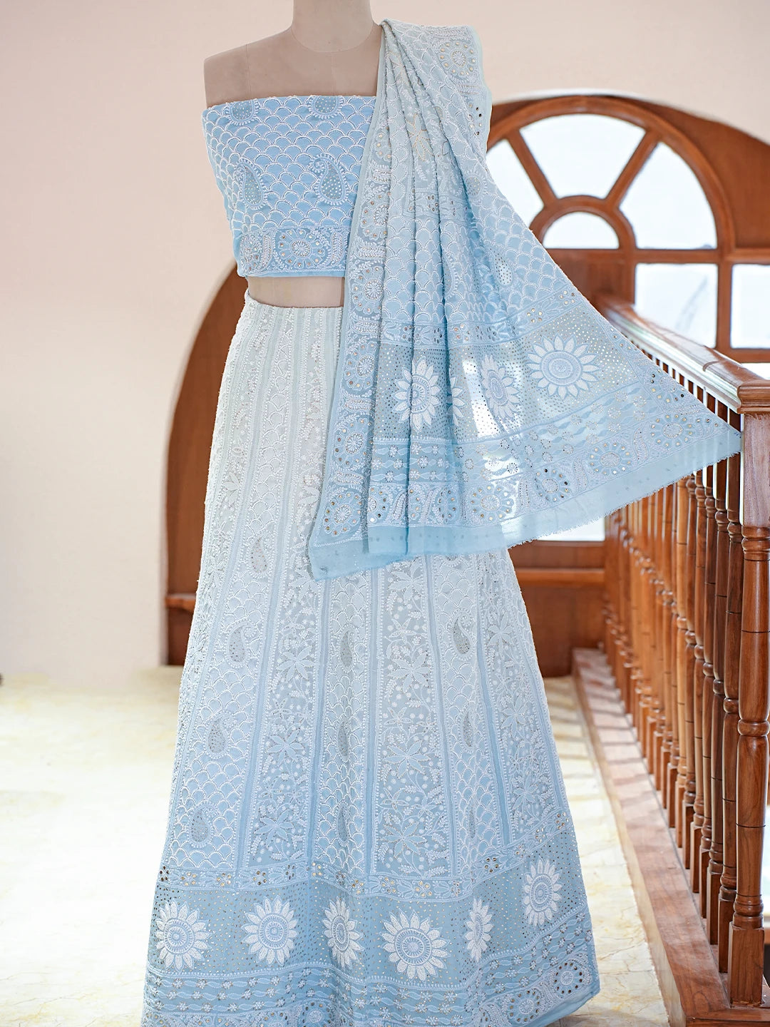 Ada Hand Embroidered Ombre Shade Of Blue Pure Georgette Lucknowi Chikankari Lehenga Set With Pearl Work 01A723709