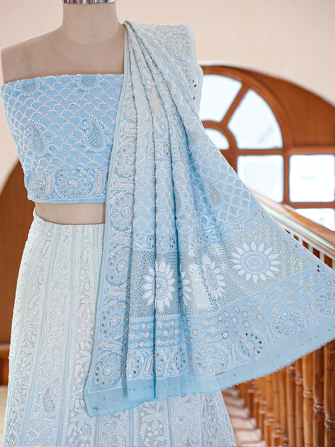 Ada Hand Embroidered Ombre Shade Of Blue Pure Georgette Lucknowi Chikankari Lehenga Set With Pearl Work 01A723709