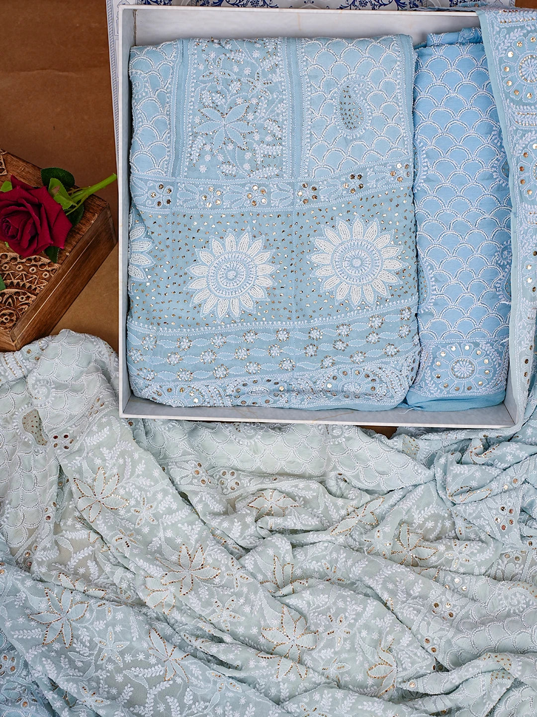 Ada Hand Embroidered Ombre Shade Of Blue Pure Georgette Lucknowi Chikankari Lehenga Set With Pearl Work 01A723709