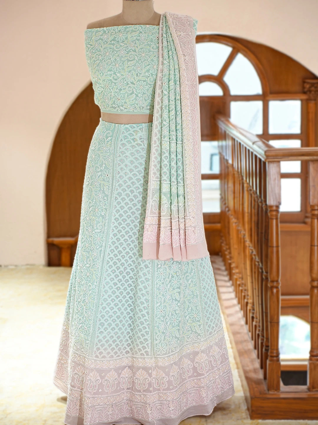 Ada Hand Embroidered Ombre Shade Of Pink & Light Sea Green Pure Georgette Lucknowi Chikankari Lehenga Set With Cutdana Work 01A749487