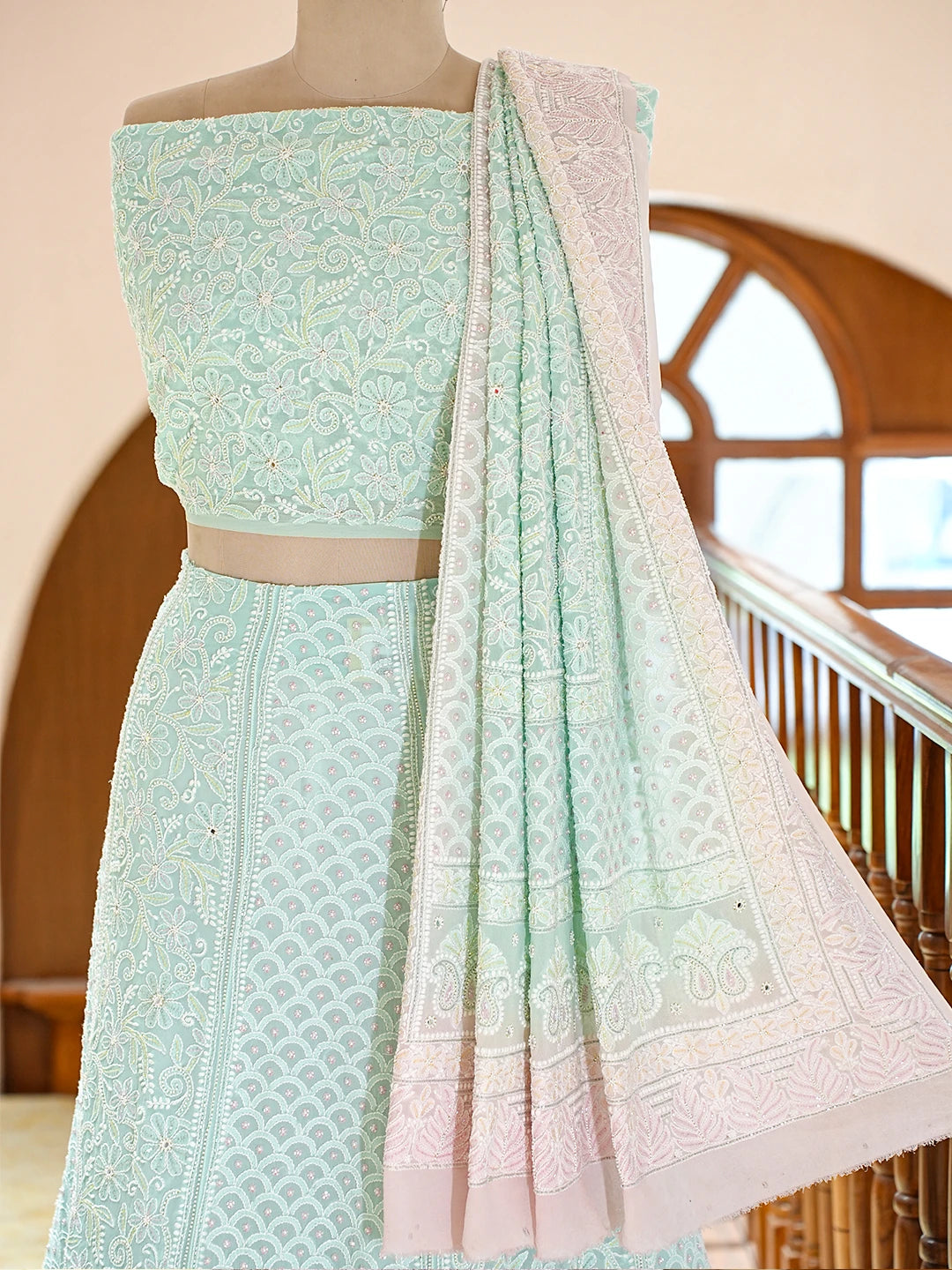 Ada Hand Embroidered Ombre Shade Of Pink & Light Sea Green Pure Georgette Lucknowi Chikankari Lehenga Set With Cutdana Work 01A749487