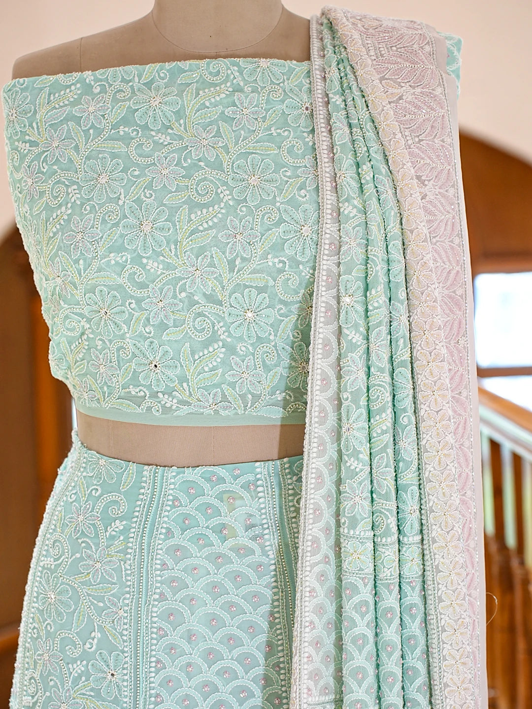 Ada Hand Embroidered Ombre Shade Of Pink & Light Sea Green Pure Georgette Lucknowi Chikankari Lehenga Set With Cutdana Work 01A749487