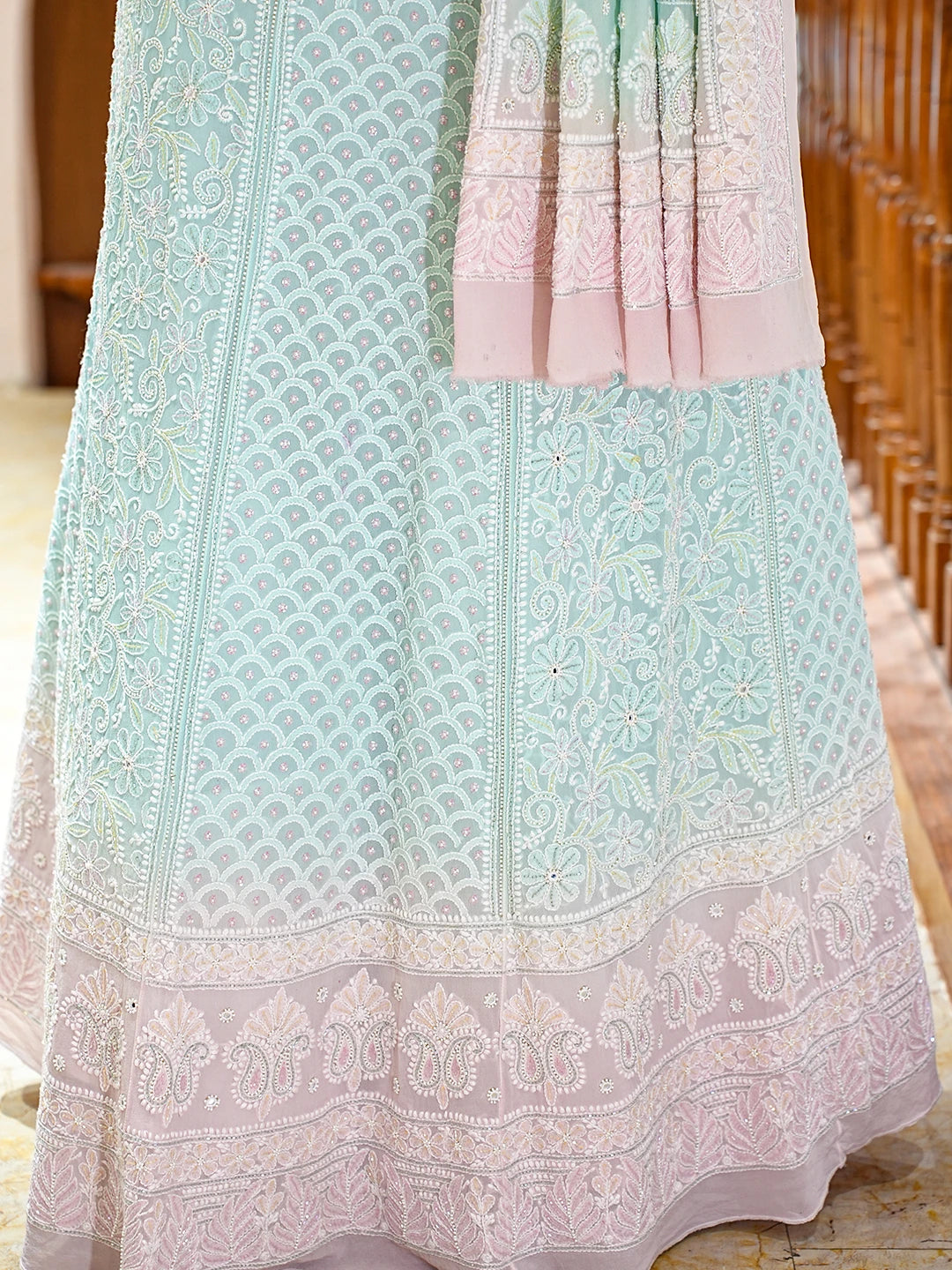 Ada Hand Embroidered Ombre Shade Of Pink & Light Sea Green Pure Georgette Lucknowi Chikankari Lehenga Set With Cutdana Work 01A749487