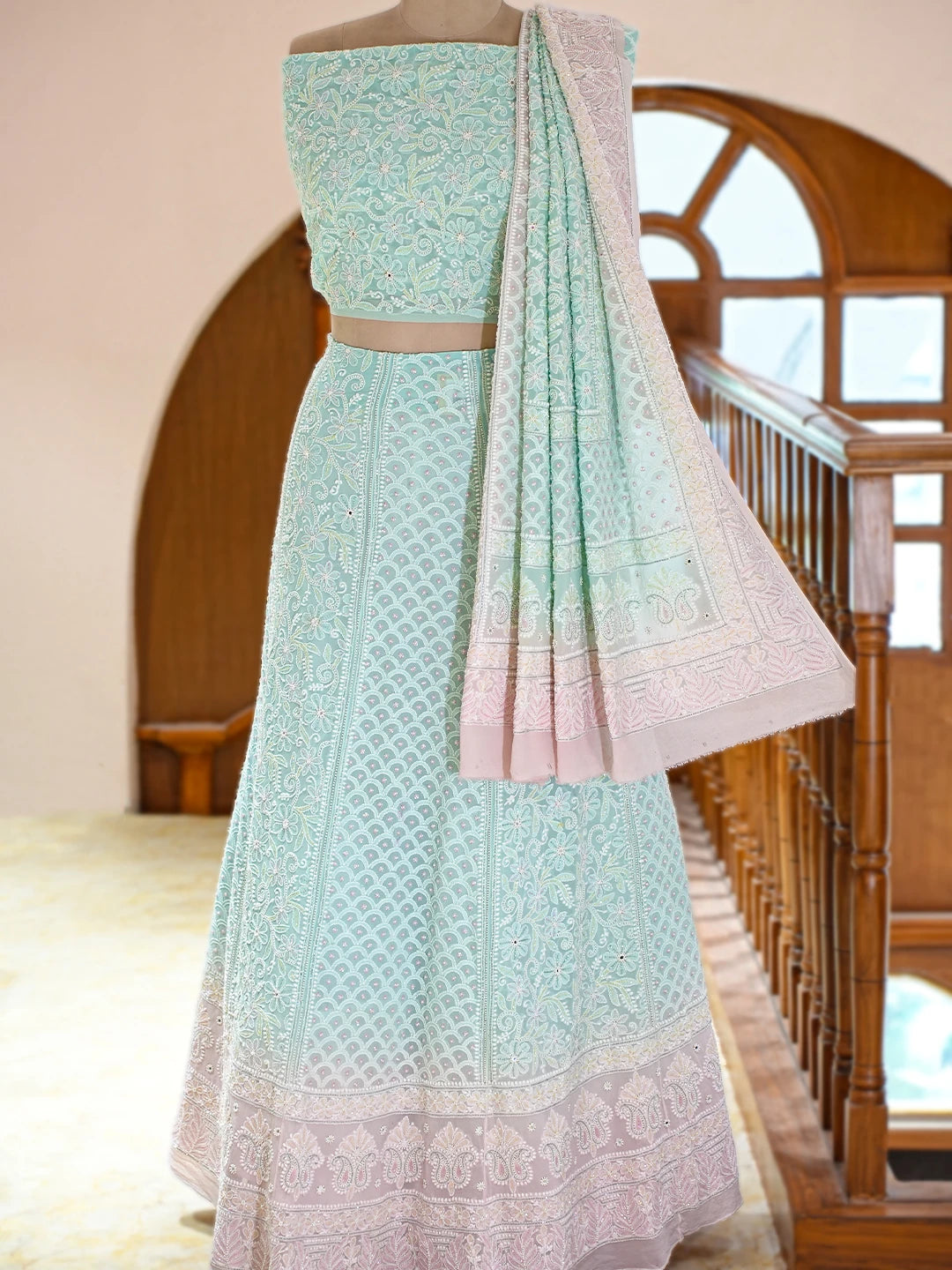 Ada Hand Embroidered Ombre Shade Of Pink & Light Sea Green Pure Georgette Lucknowi Chikankari Lehenga Set With Cutdana Work 01A749487