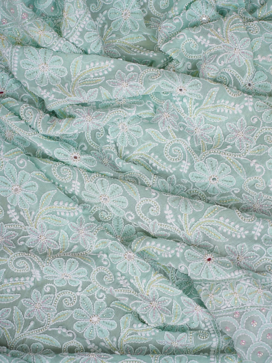 Ada Hand Embroidered Ombre Shade Of Pink & Light Sea Green Pure Georgette Lucknowi Chikankari Lehenga Set With Cutdana Work 01A749487