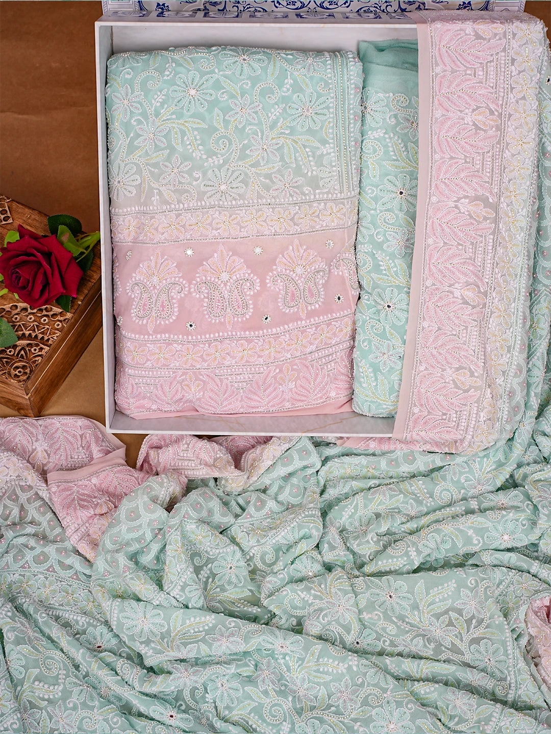 Ada Hand Embroidered Ombre Shade Of Pink & Light Sea Green Pure Georgette Lucknowi Chikankari Lehenga Set With Cutdana Work 01A749487