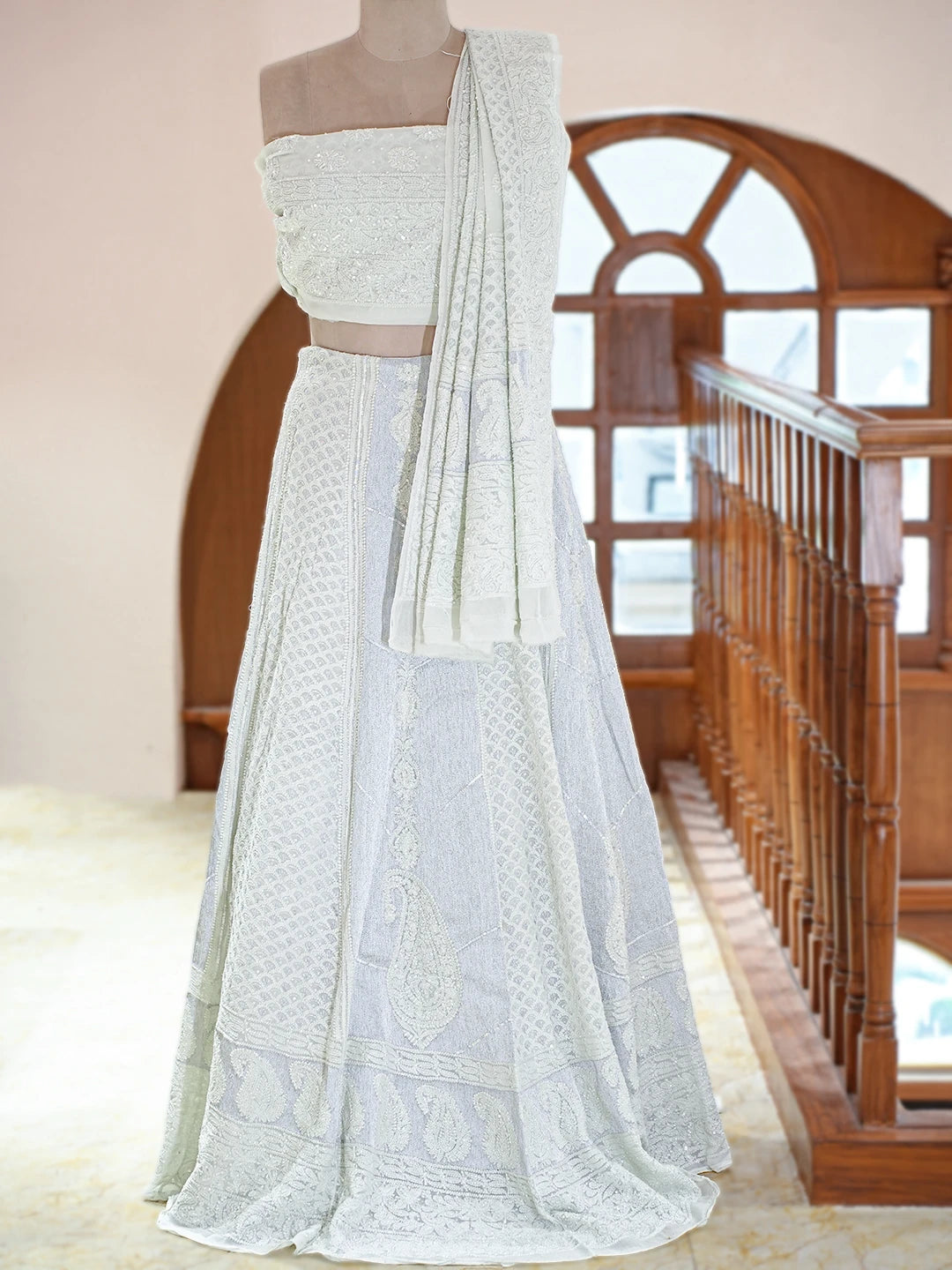 Ada Hand Embroidered Pastel Sea Green Viscose Georgette Lucknowi Chikankari Lehenga Set With Sequinned Work 01A754681