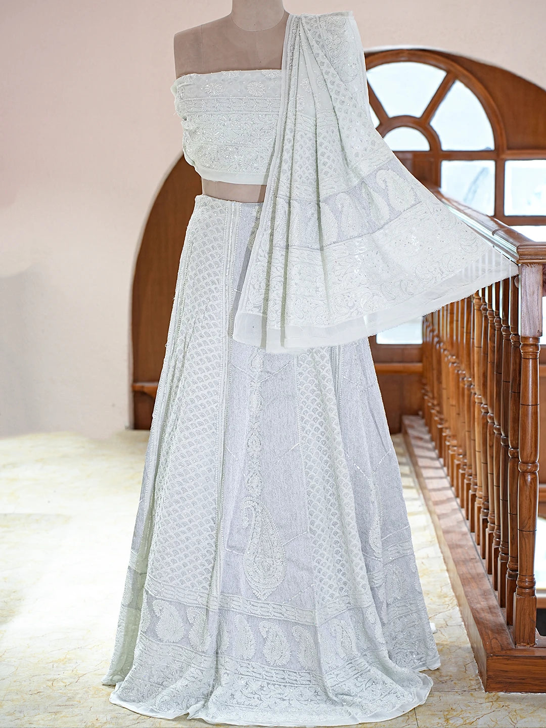 Ada Hand Embroidered Pastel Sea Green Viscose Georgette Lucknowi Chikankari Lehenga Set With Sequinned Work 01A754681