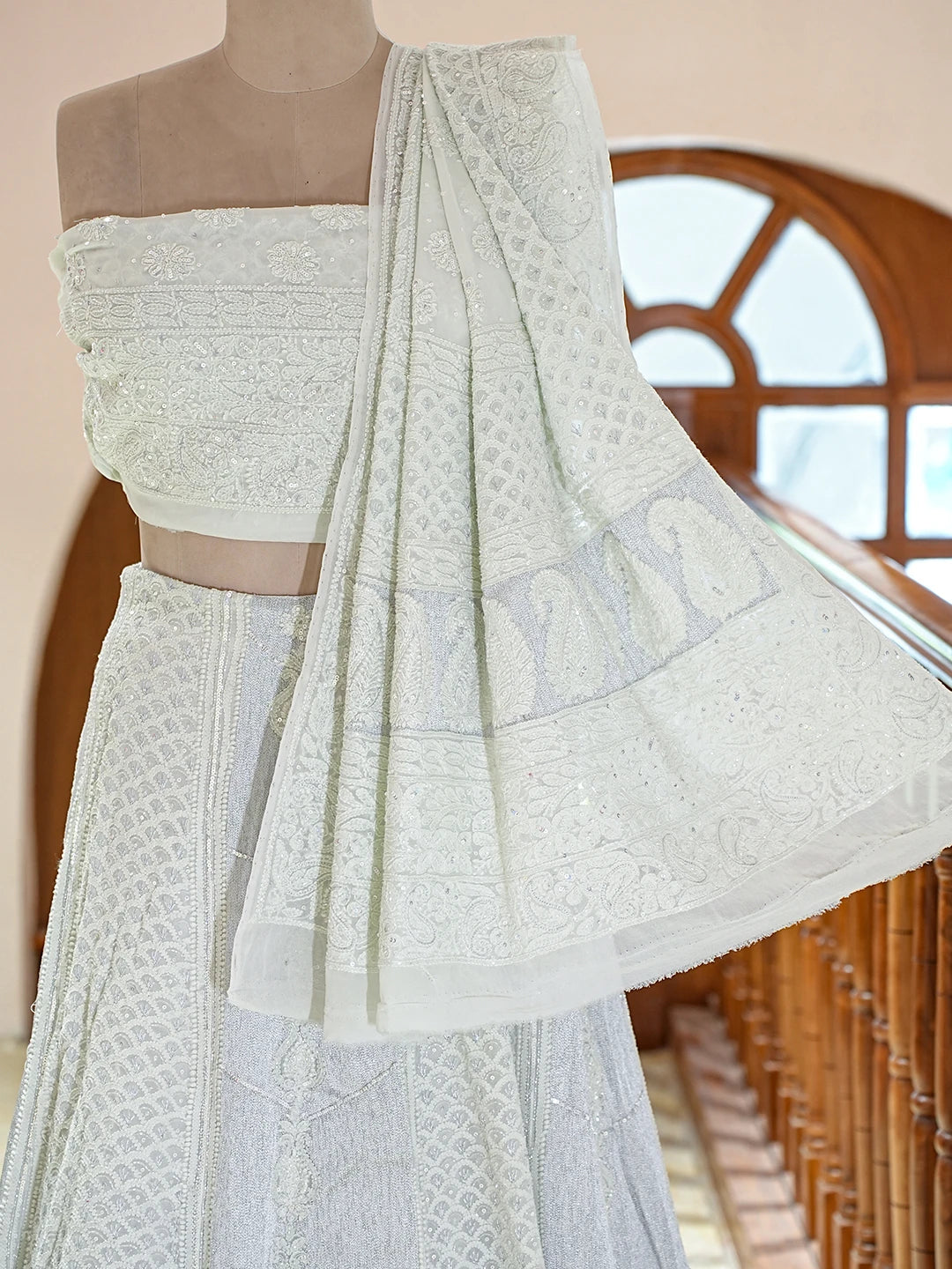 Ada Hand Embroidered Pastel Sea Green Viscose Georgette Lucknowi Chikankari Lehenga Set With Sequinned Work 01A754681