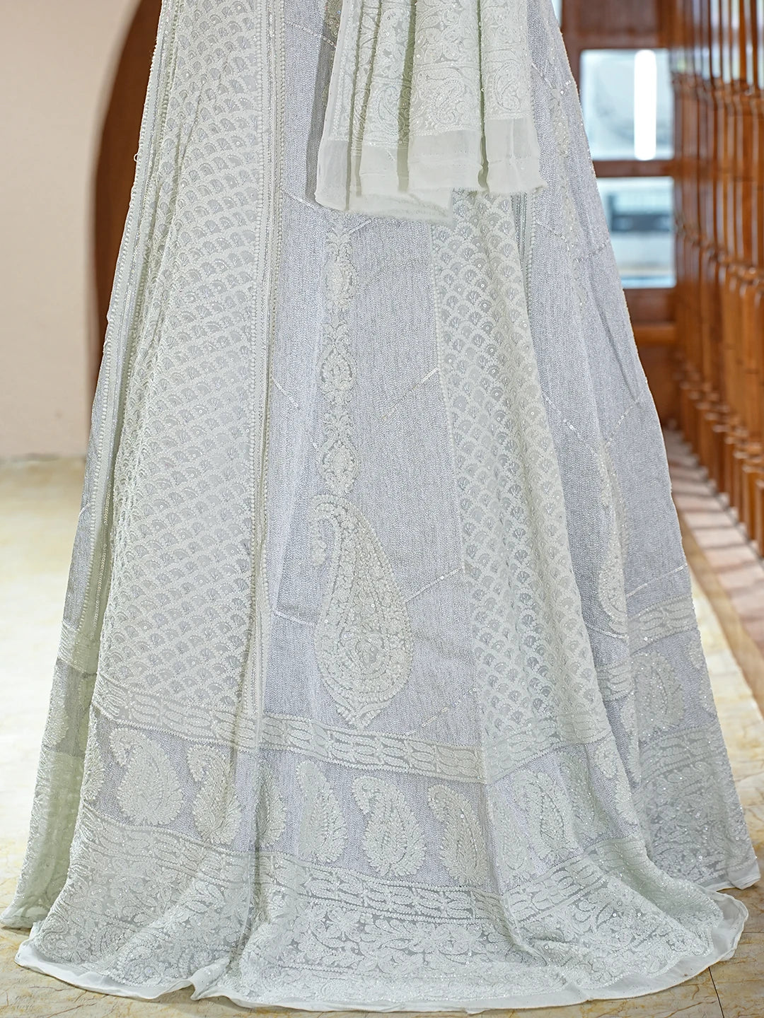 Ada Hand Embroidered Pastel Sea Green Viscose Georgette Lucknowi Chikankari Lehenga Set With Sequinned Work 01A754681