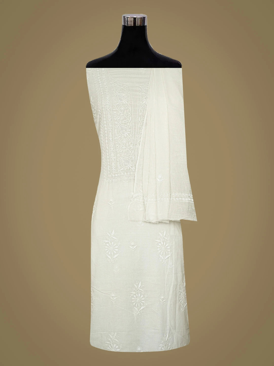 Ada Hand Embroidered White Khadi Lucknowi Chikankari Unstitched Kurta Dupatta Set 01A780680