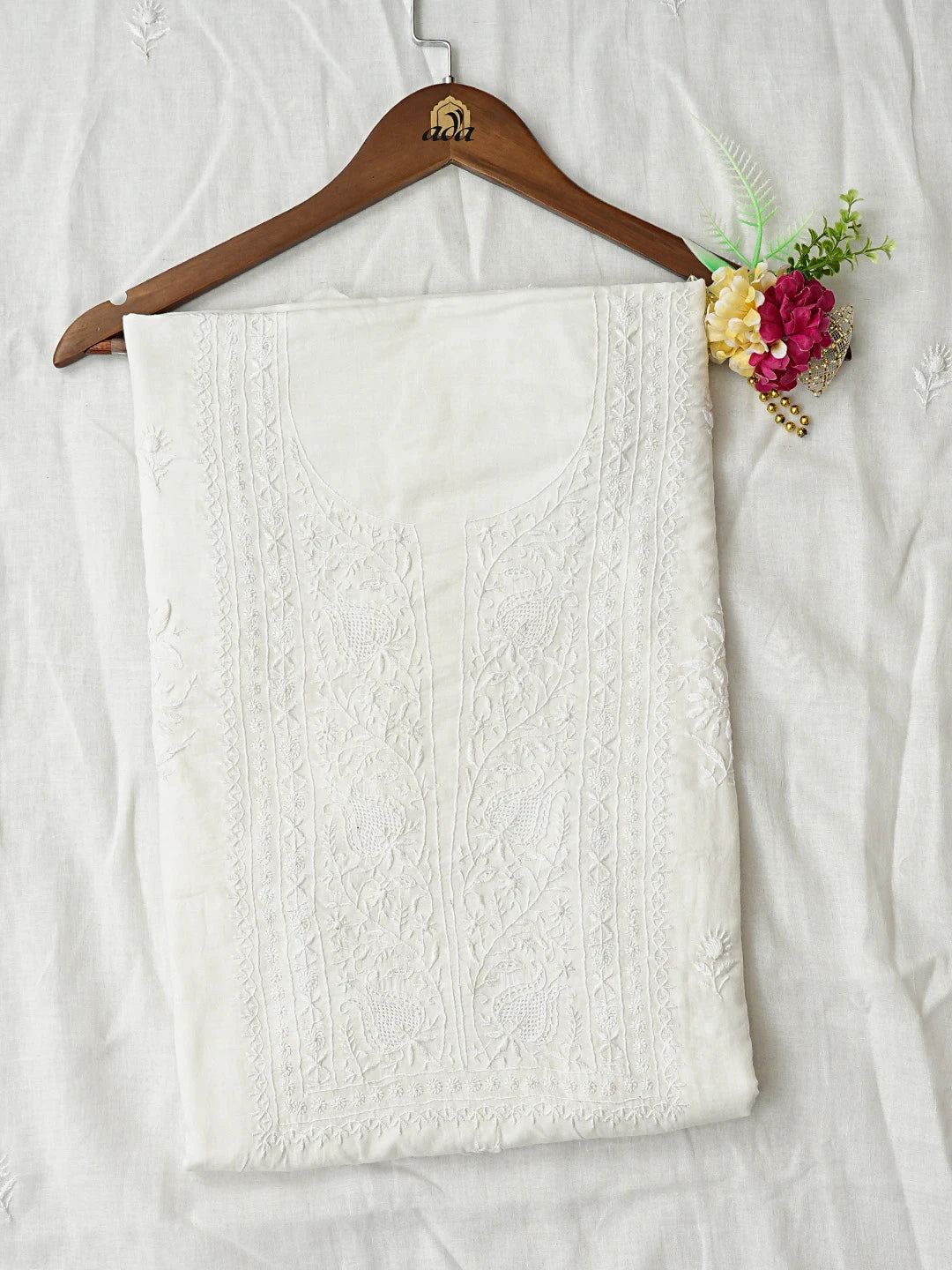 Ada Hand Embroidered White Khadi Lucknowi Chikankari Unstitched Kurta Dupatta Set 01A780680