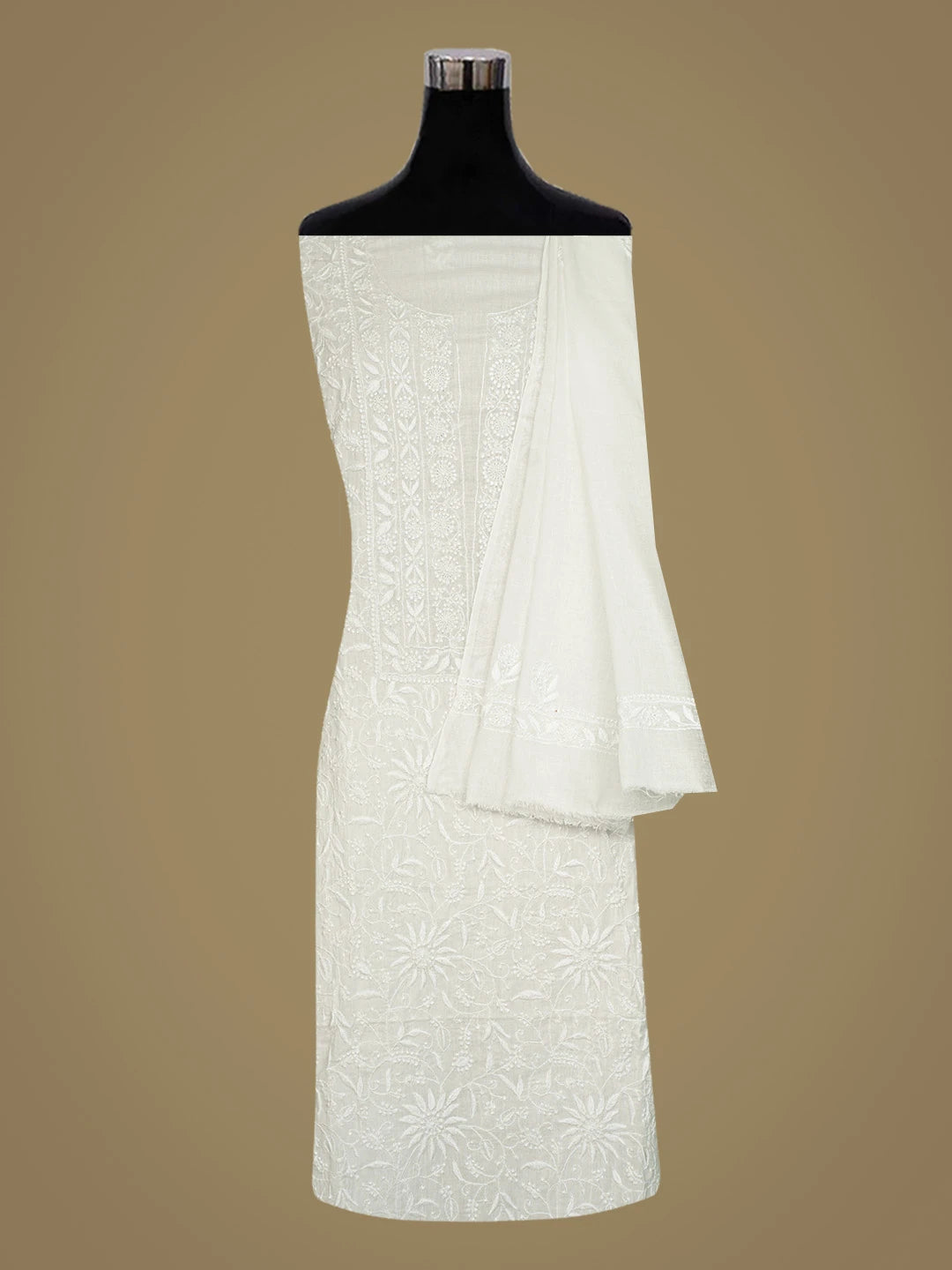Ada Hand Embroidered White Cotton Lucknowi Chikankari Unstitched Kurta Dupatta Set 01A727248
