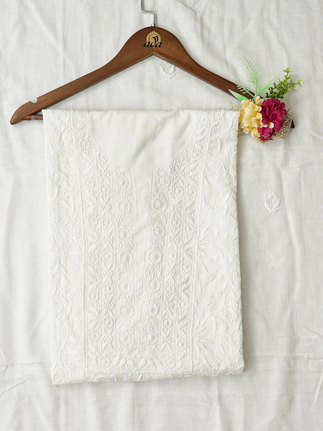 Ada Hand Embroidered White Cotton Lucknowi Chikankari Unstitched Kurta Dupatta Set 01A727248
