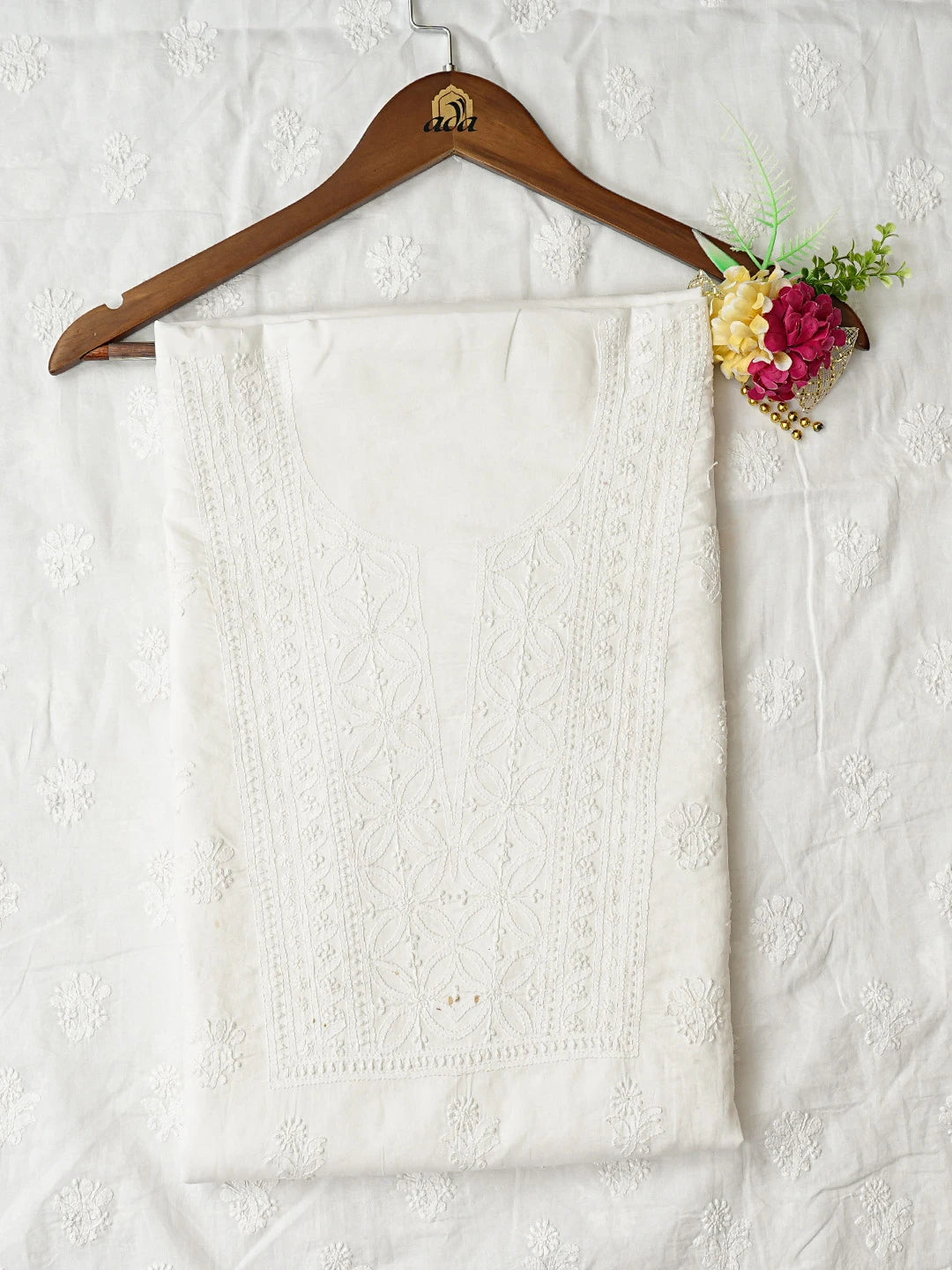 Ada Hand Embroidered White Cotton Lucknowi Chikankari Unstitched Kurta Dupatta Set 01A290144