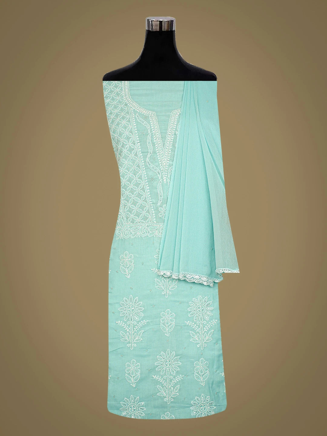 Ada Hand Embroidered Light Blue Cotton Lucknowi Chikankari Unstitched Suit Piece With Pearl Work 01A751964