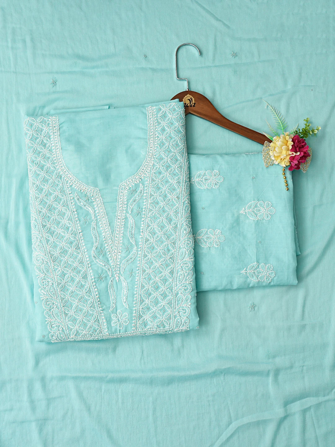 Ada Hand Embroidered Light Blue Cotton Lucknowi Chikankari Unstitched Suit Piece With Pearl Work 01A751964