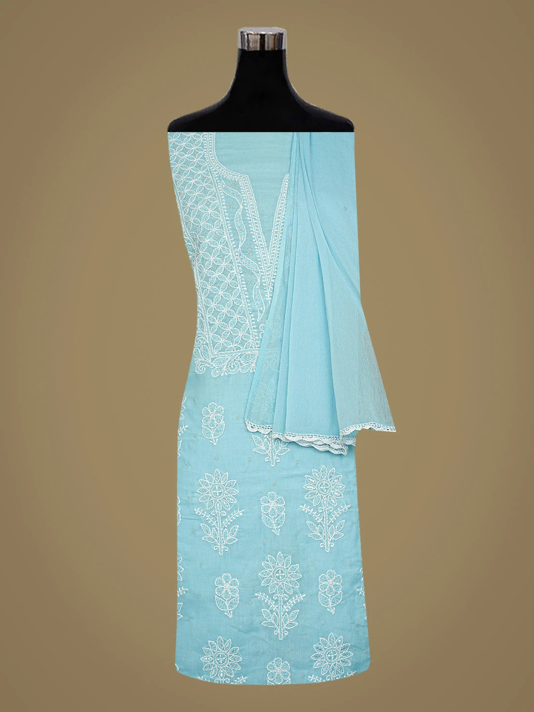 Ada Hand Embroidered Blue Cotton Lucknowi Chikankari Unstitched Suit Piece With Pearl Work 01A751961