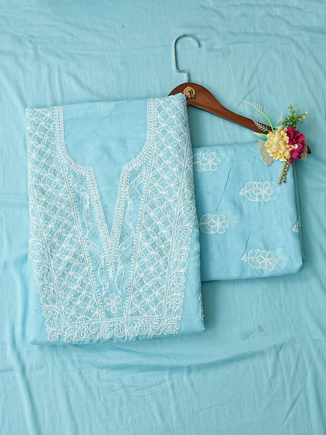 Ada Hand Embroidered Blue Cotton Lucknowi Chikankari Unstitched Suit Piece With Pearl Work 01A751961