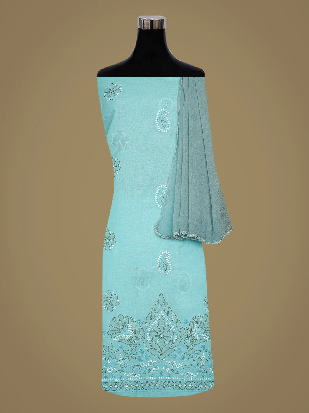 Ada Hand Embroidered Blue Cotton Lucknowi Chikankari Unstitched Suit Piece 01A818807