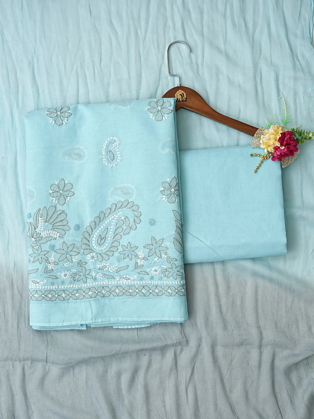 Ada Hand Embroidered Blue Cotton Lucknowi Chikankari Unstitched Suit Piece 01A818807