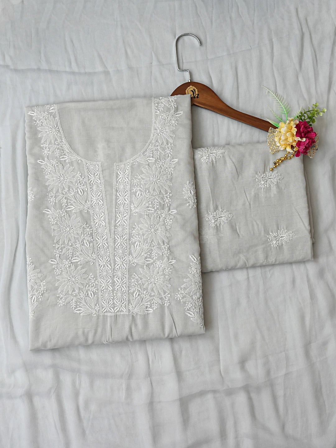 Ada Hand Embroidered Grey Cotton Lucknowi Chikankari Unstitched Suit Piece 01A773536