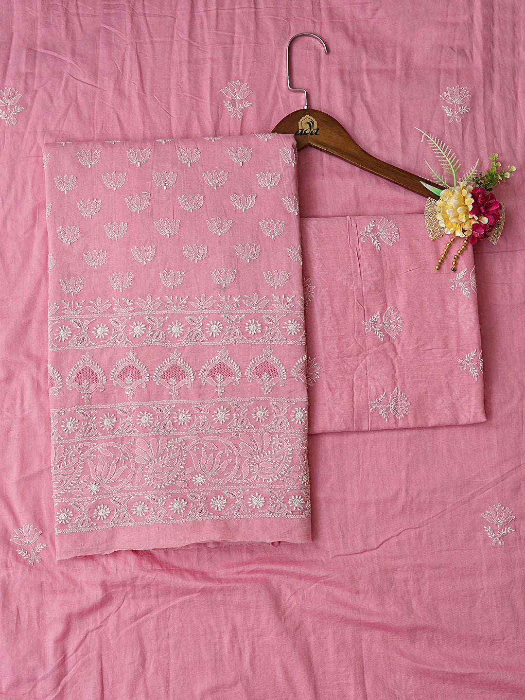 Ada Hand Embroidered Pink Cotton Lucknowi Chikankari Unstitched Suit Piece 01A717357