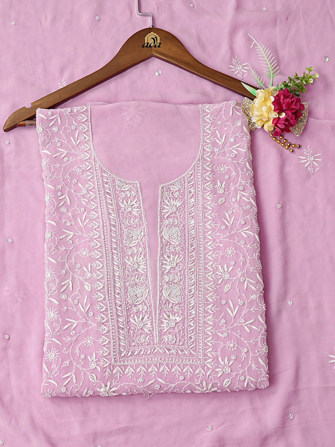 Ada Hand Embroidered Pink Viscose Georgette Lucknowi Chikankari Unstitched Kurta Dupatta Set 01A781953