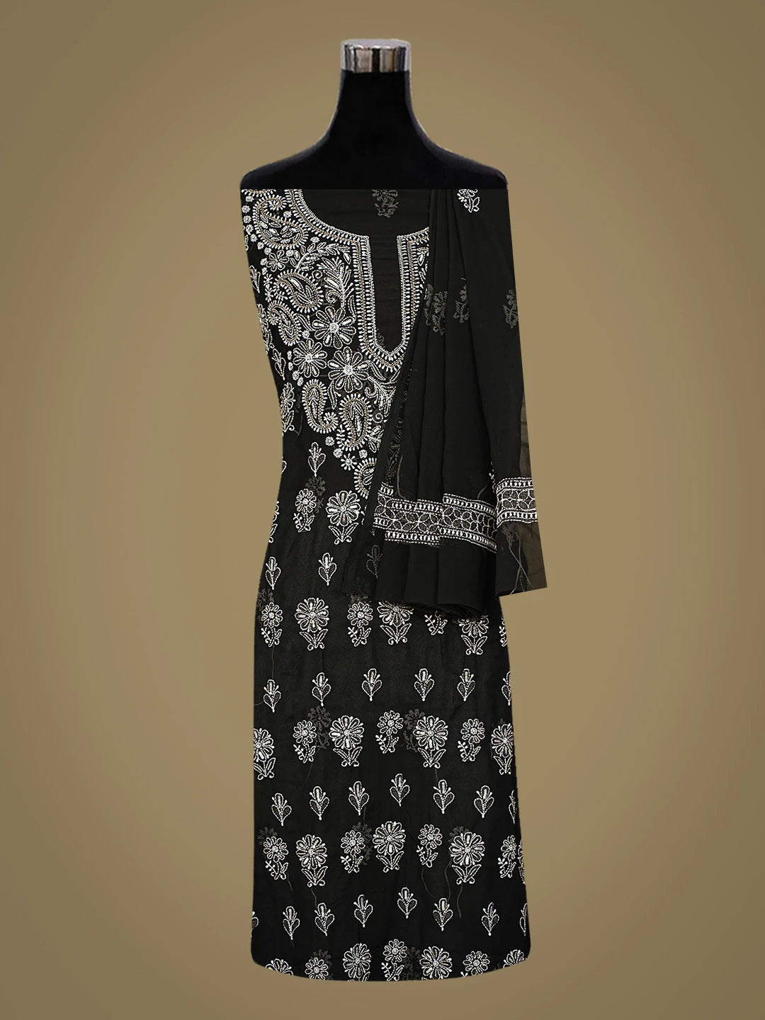 Ada Hand Embroidered Black Georgette Lucknowi Chikankari Unstitched Suit Piece With Cutdana Work 01A791036