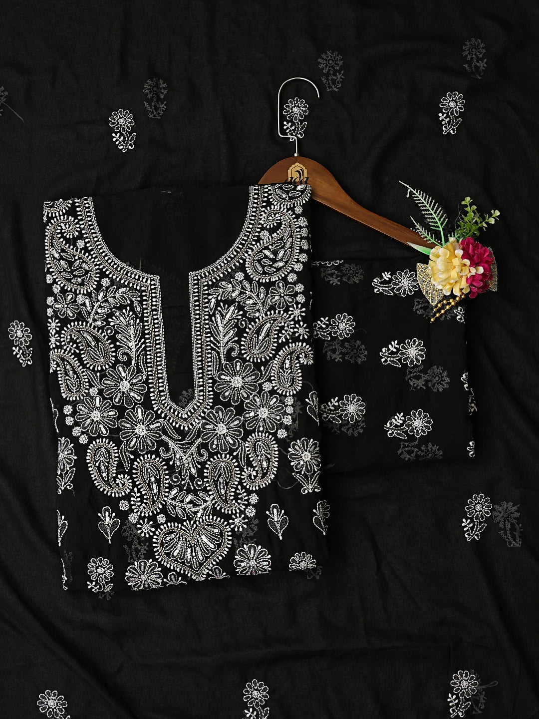 Ada Hand Embroidered Black Georgette Lucknowi Chikankari Unstitched Suit Piece With Cutdana Work 01A791036