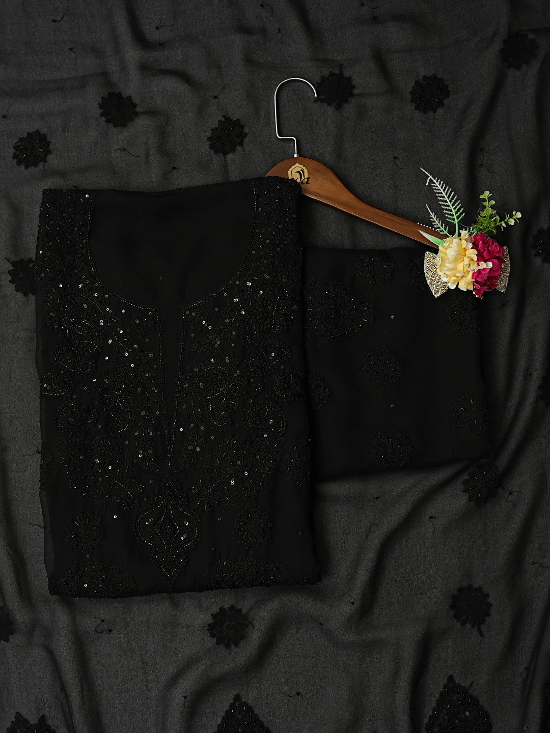 Ada Hand Embroidered Black Georgette Lucknowi Chikankari Unstitched Suit Piece With Cutdana Work 01A783427