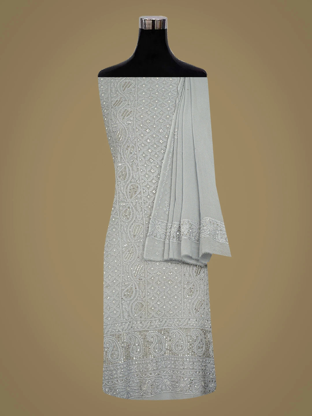 Ada Hand Embroidered Grey Viscose Georgette Lucknowi Chikankari Unstitched Kurta Dupatta Set 01A795107