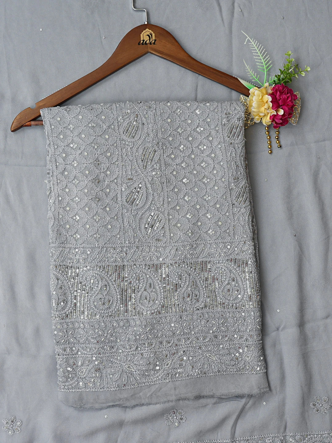 Ada Hand Embroidered Grey Viscose Georgette Lucknowi Chikankari Unstitched Kurta Dupatta Set 01A795107