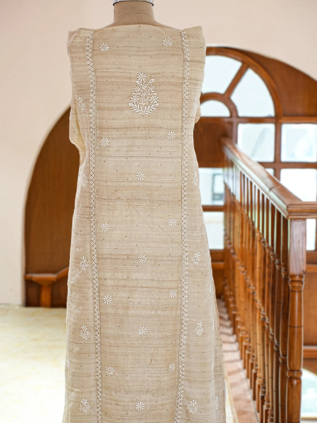 Ada Hand Embroidered Fawn Tussar Silk Lucknowi Chikankari Semi-Stitched Kurta Dupatta Set With Muqaish Work 01A771672