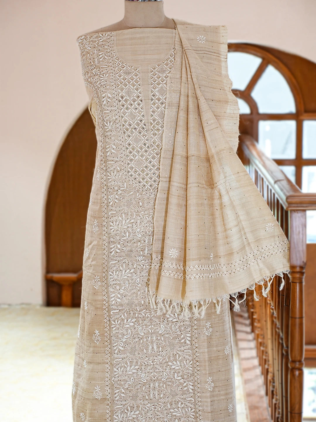 Ada Hand Embroidered Fawn Tussar Silk Lucknowi Chikankari Semi-Stitched Kurta Dupatta Set With Muqaish Work 01A771672